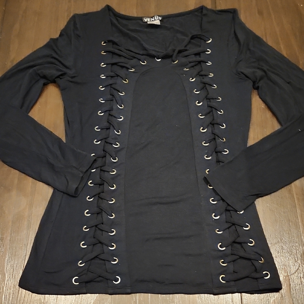VENUS Black Lace-Up Long Sleeve Top Sz Sm
